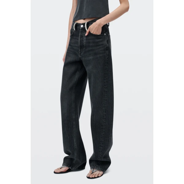 Alexander Wang Float Mid-Rise Relaxed Crystal Hotfix Belt Loop Jean in Grey Aged | Denim | Luxury Shoes 