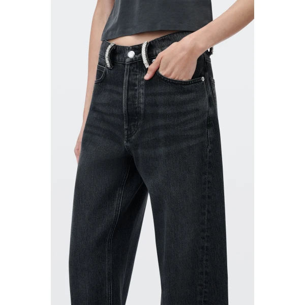Alexander Wang Float Mid-Rise Relaxed Crystal Hotfix Belt Loop Jean in Grey Aged | Denim | Luxury Shoes 