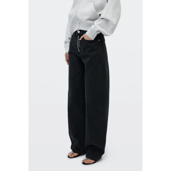Alexander Wang Float Mid-Rise Relaxed Crystal Hotfix Logo Fly Jean in Faded Black | Denim | Luxury Shoes 