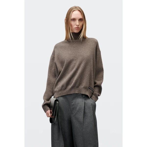 Alexander Wang High-Low Hem Turtleneck in Dark Oatmeal Melange | Long Sleeve | Luxury Shoes 