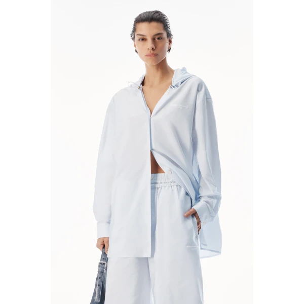 Alexander Wang Hooded Button-Up Shirt with Bungee Drawcord in White and Blue Stripe | Shirts | Luxury Shoes 