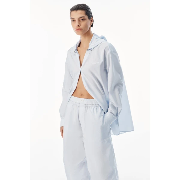 Alexander Wang Hooded Button-Up Shirt with Bungee Drawcord in White and Blue Stripe | Shirts | Luxury Shoes 