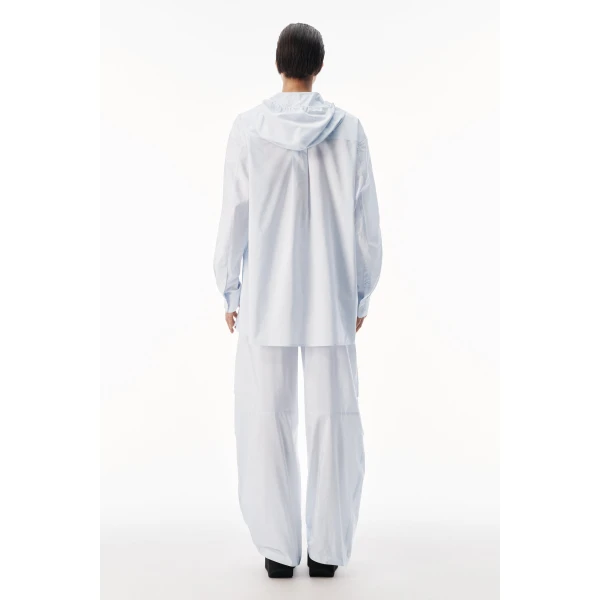 Alexander Wang Hooded Button-Up Shirt with Bungee Drawcord in White and Blue Stripe | Shirts | Luxury Shoes 