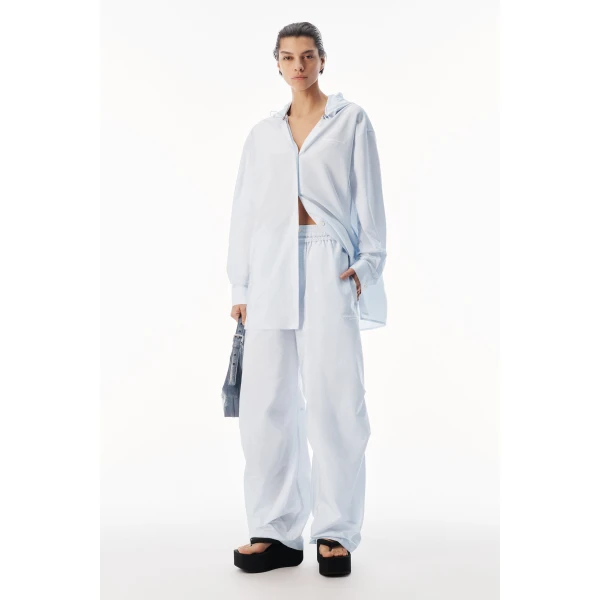 Alexander Wang Hooded Button-Up Shirt with Bungee Drawcord in White and Blue Stripe | Shirts | Luxury Shoes 