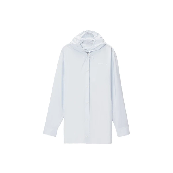 Alexander Wang Hooded Button-Up Shirt with Bungee Drawcord in White and Blue Stripe | Luxury Shoes 