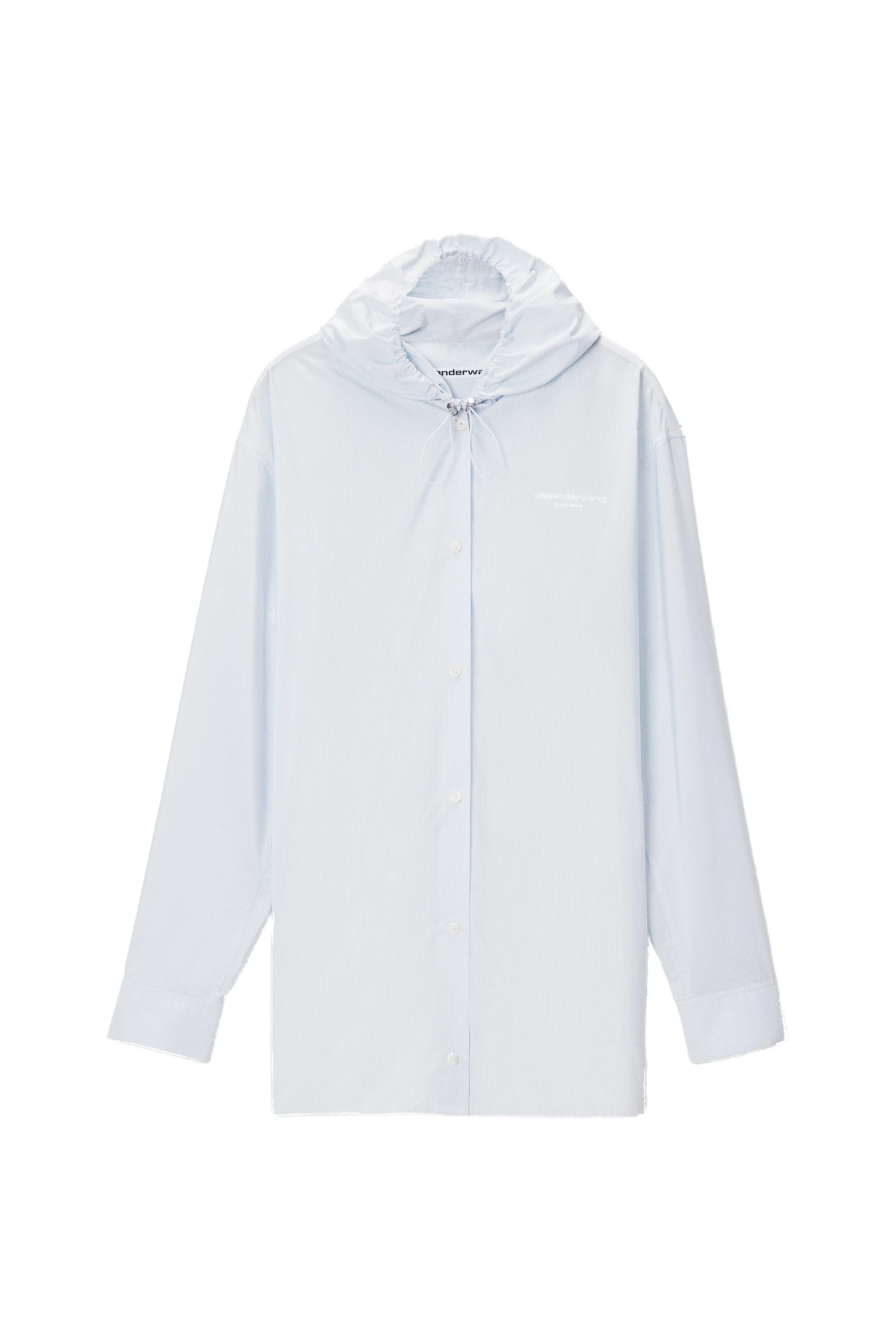Alexander Wang Hooded Button-Up Shirt with Bungee Drawcord in White and Blue Stripe Alexander Wang Hooded Button-Up Shirt with Bungee Drawcord in White and Blue Stripe | Luxury Shoes