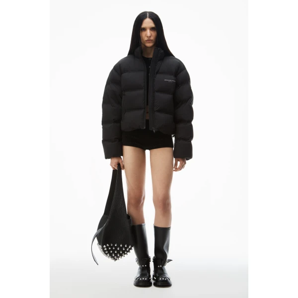 Alexander Wang Jacquard Channel Cropped Puffer with Reflective Logo in Black | Jackets | Luxury Shoes 