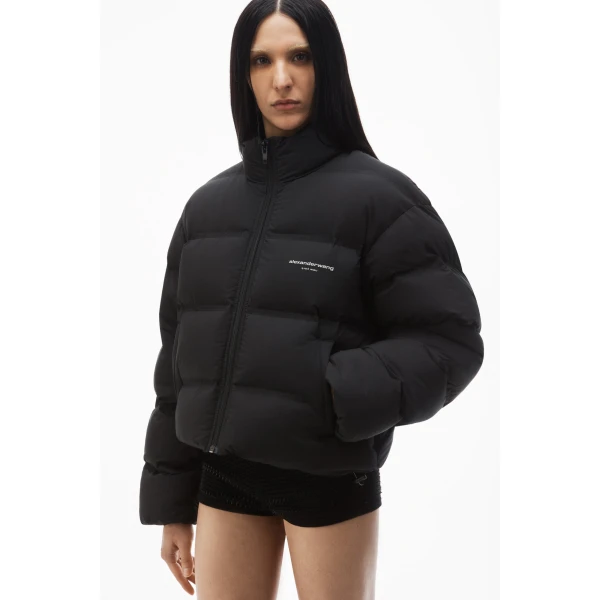 Alexander Wang Jacquard Channel Cropped Puffer with Reflective Logo in Black | Jackets | Luxury Shoes 
