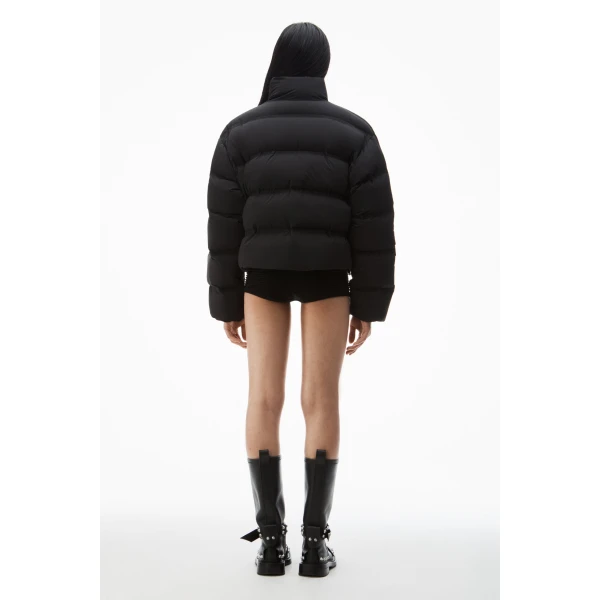 Alexander Wang Jacquard Channel Cropped Puffer with Reflective Logo in Black | Jackets | Luxury Shoes 