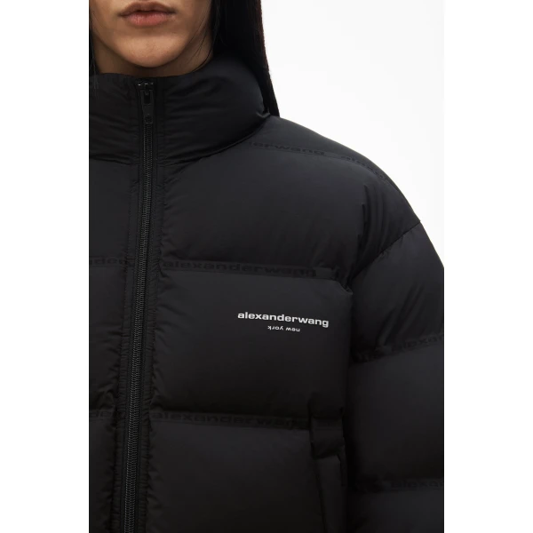 Alexander Wang Jacquard Channel Cropped Puffer with Reflective Logo in Black | Jackets | Luxury Shoes 