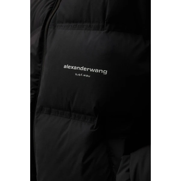 Alexander Wang Jacquard Channel Cropped Puffer with Reflective Logo in Black | Jackets | Luxury Shoes 