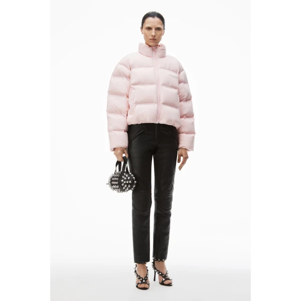 Alexander Wang Jacquard Channel Cropped Puffer with Reflective Logo in Light Pink | Jackets | Luxury Shoes 