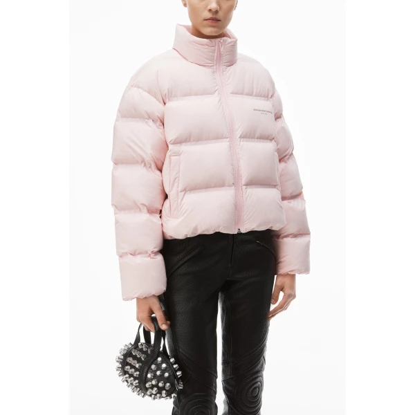 Alexander Wang Jacquard Channel Cropped Puffer with Reflective Logo in Light Pink | Jackets | Luxury Shoes 