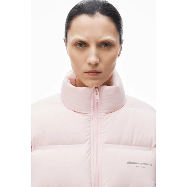 Alexander Wang Jacquard Channel Cropped Puffer with Reflective Logo in Light Pink | Jackets | Luxury Shoes 