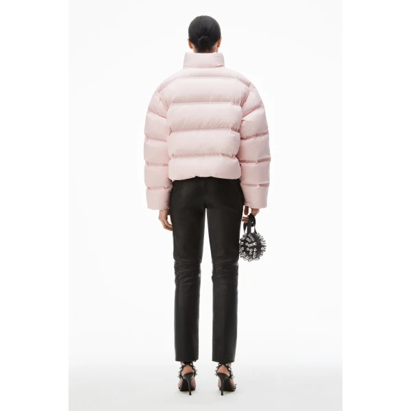 Alexander Wang Jacquard Channel Cropped Puffer with Reflective Logo in Light Pink | Jackets | Luxury Shoes 