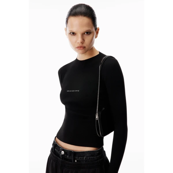 Alexander Wang Jacquard Logo Long Sleeve Crewneck Top in Black | Long Sleeve | Luxury Shoes 