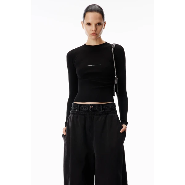 Alexander Wang Jacquard Logo Long Sleeve Crewneck Top in Black | Long Sleeve | Luxury Shoes 