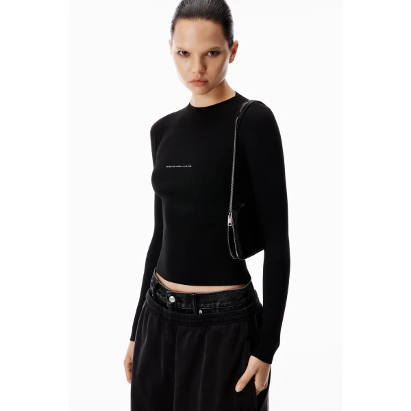 Alexander Wang Jacquard Logo Long Sleeve Crewneck Top in Black | Long Sleeve | Luxury Shoes 