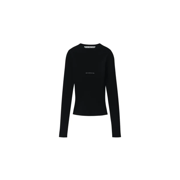Jacquard Logo Long Sleeve Crewneck Top in Black