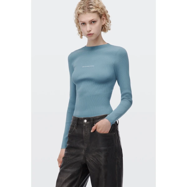 Alexander Wang Jacquard Logo Long Sleeve Crewneck Top in Chambray Blue | Long Sleeve | Luxury Shoes 