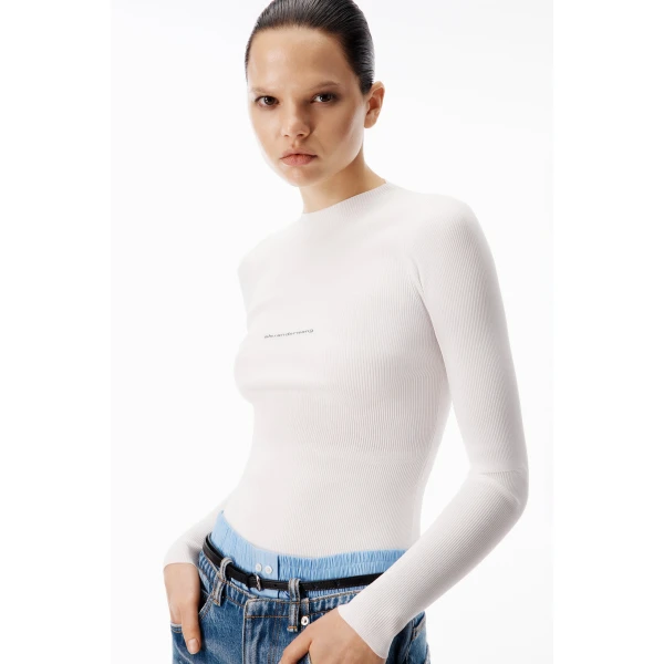 Alexander Wang Jacquard Logo Long Sleeve Crewneck Top in White | Long Sleeve | Luxury Shoes 
