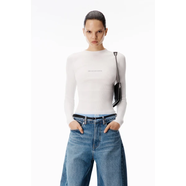 Alexander Wang Jacquard Logo Long Sleeve Crewneck Top in White | Long Sleeve | Luxury Shoes 