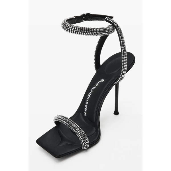 Alexander Wang Julie 105mm Crystal Hotfix Ankle Strap Sandal in Black and Silver | Sandals | Luxury Shoes 