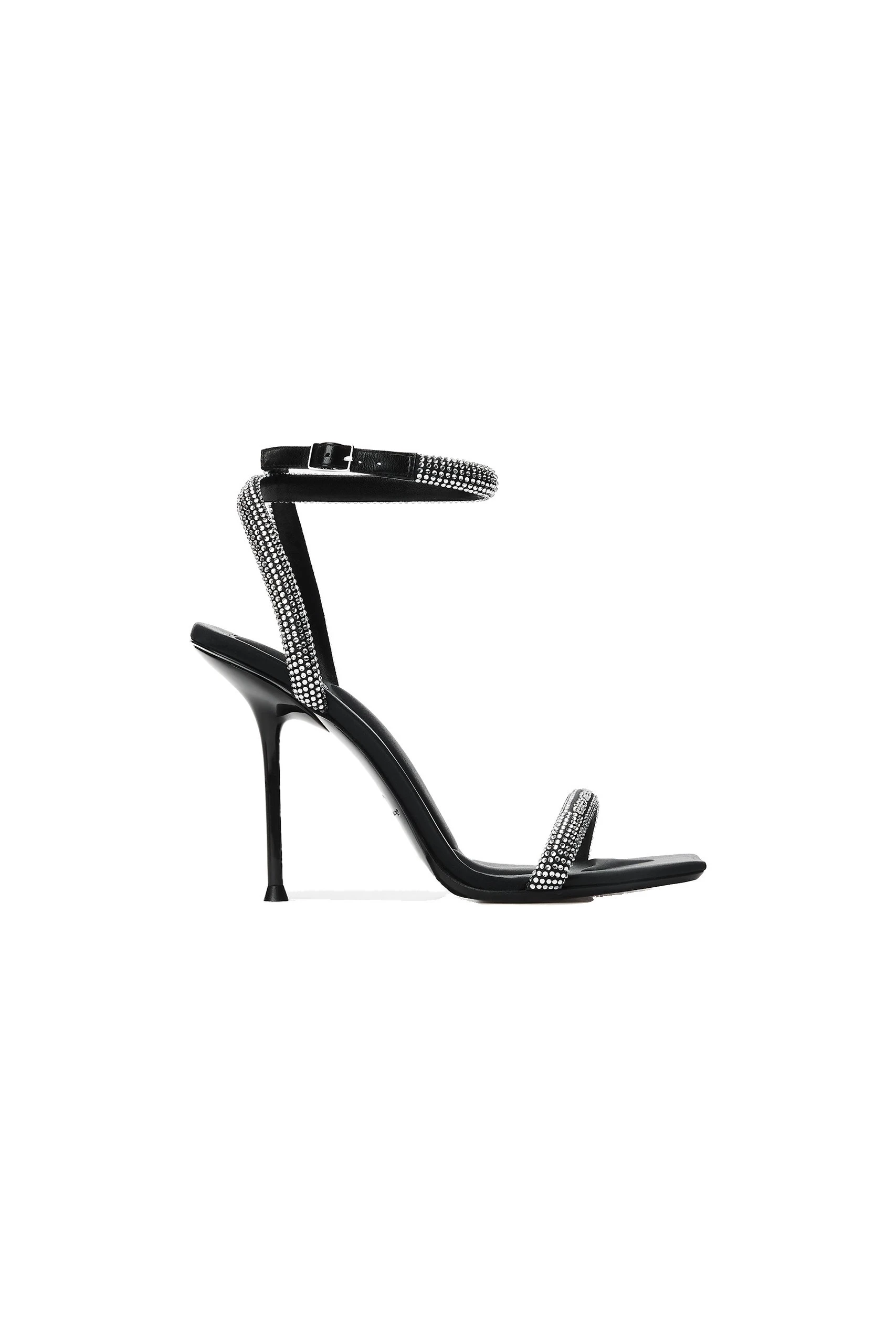 Alexander Wang Julie 105mm Crystal Hotfix Ankle Strap Sandal in Black and Silver Alexander Wang Julie 105mm Crystal Hotfix Ankle Strap Sandal in Black and Silver | Luxury Shoes