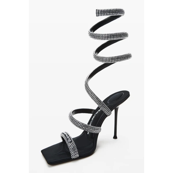 Alexander Wang Julie 105mm Crystal Hotfix Coil Sandal in Black and Silver | Sandals | Luxury Shoes 