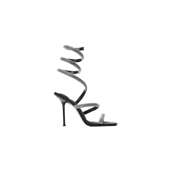 Alexander Wang Julie 105mm Crystal Hotfix Coil Sandal in Black and Silver | Luxury Shoes 