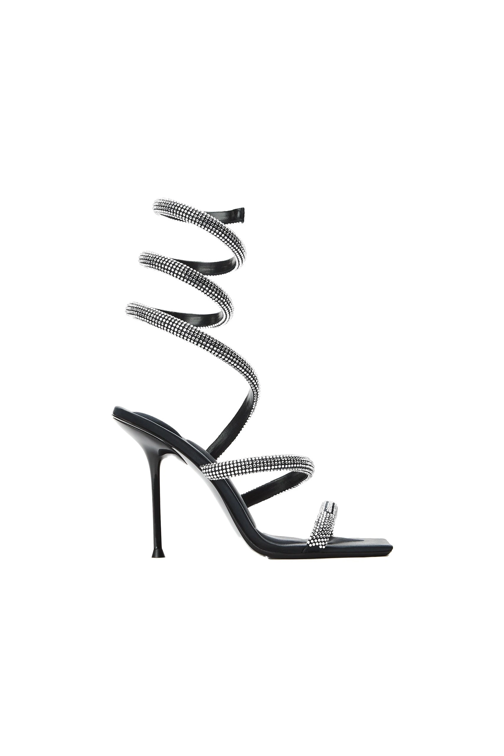 Alexander Wang Julie 105mm Crystal Hotfix Coil Sandal in Black and Silver Alexander Wang Julie 105mm Crystal Hotfix Coil Sandal in Black and Silver | Luxury Shoes