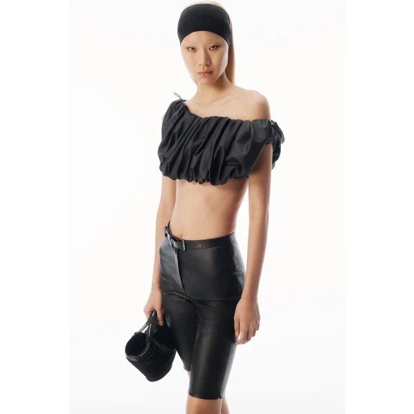 Alexander Wang Leather Cropped Off Shoulder Gathered Bra Top in Black | Cropped Top | Luxury Shoes 