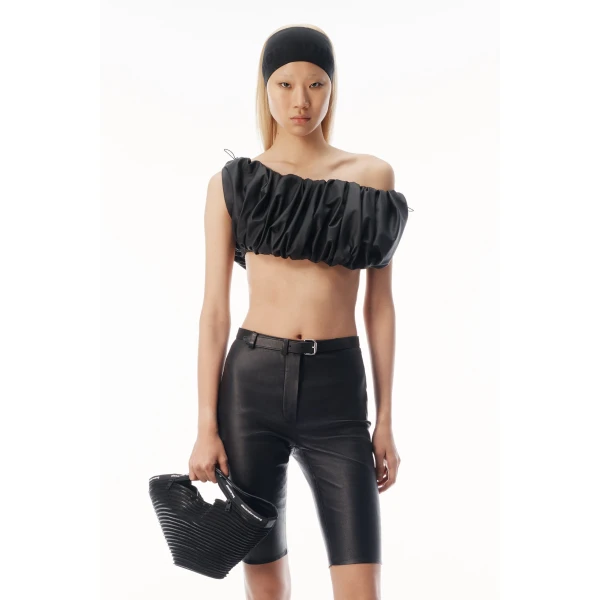 Alexander Wang Leather Cropped Off Shoulder Gathered Bra Top in Black | Cropped Top | Luxury Shoes 
