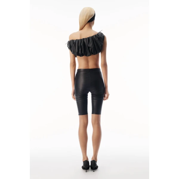 Alexander Wang Leather Cropped Off Shoulder Gathered Bra Top in Black | Cropped Top | Luxury Shoes 