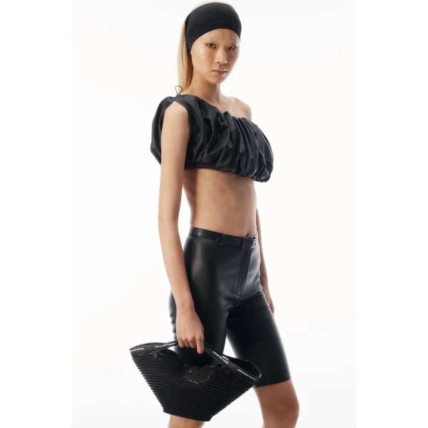 Alexander Wang Leather Cropped Off Shoulder Gathered Bra Top in Black | Cropped Top | Luxury Shoes 