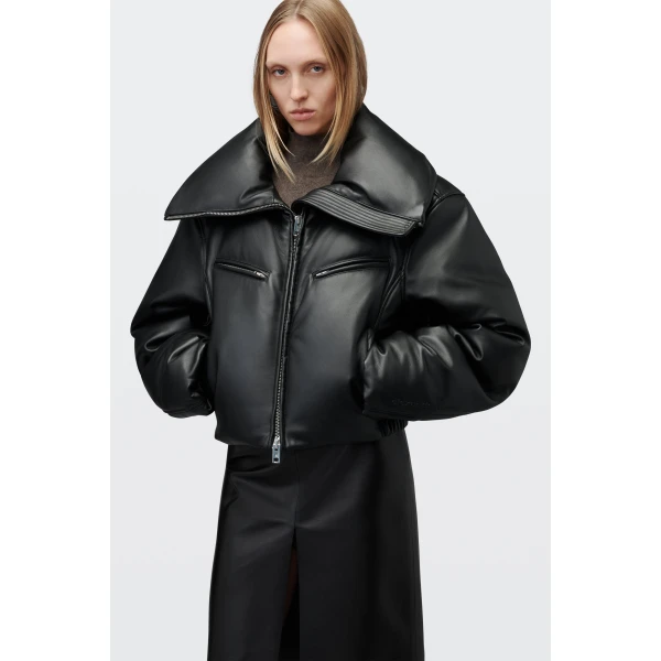 Alexander Wang Leather Funnel-Neck Puffer Jacket in Black | Leather Jackets | Luxury Shoes 