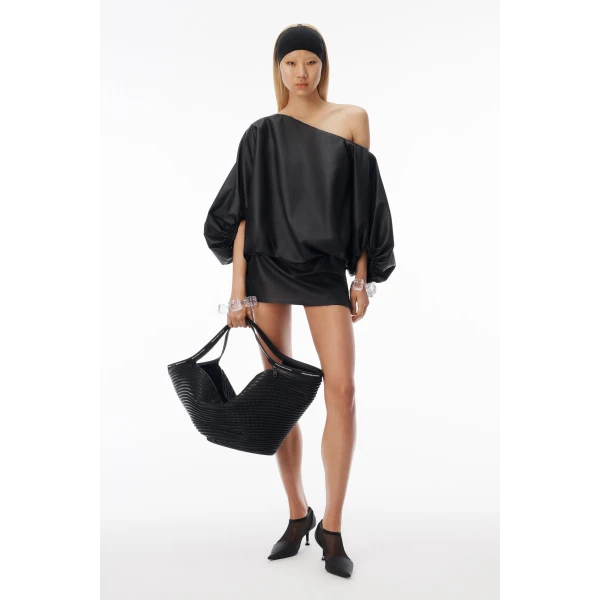Alexander Wang Leather Gathered Off Shoulder Mini Dress in Black | Mini Dresses | Luxury Shoes 