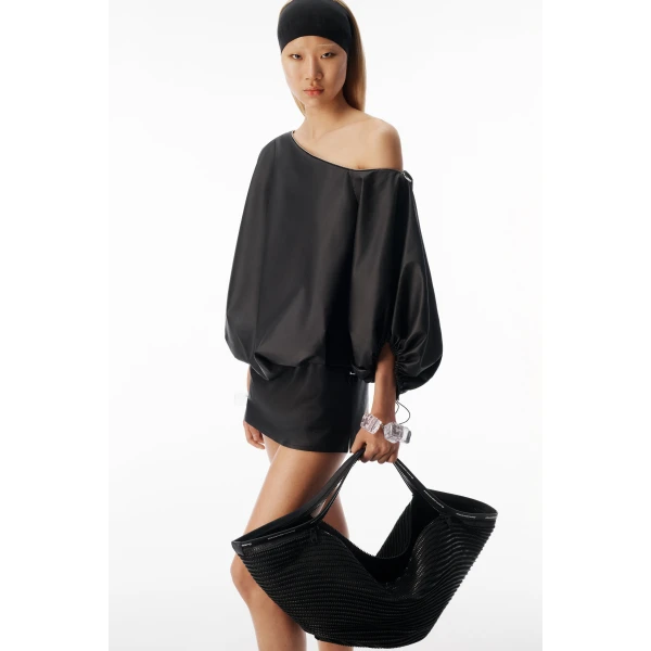 Alexander Wang Leather Gathered Off Shoulder Mini Dress in Black | Mini Dresses | Luxury Shoes 
