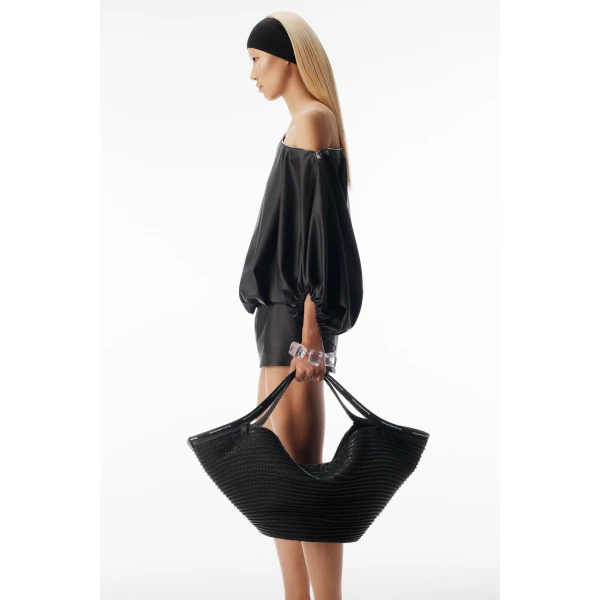 Alexander Wang Leather Gathered Off Shoulder Mini Dress in Black | Mini Dresses | Luxury Shoes 