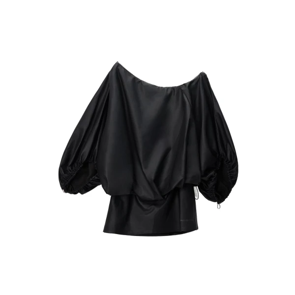 Leather Gathered Off Shoulder Mini Dress in Black