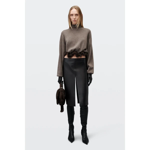 Alexander Wang Leather Midi Skirt with Slash Vent in Black | Midi Skirts | Luxury Shoes 