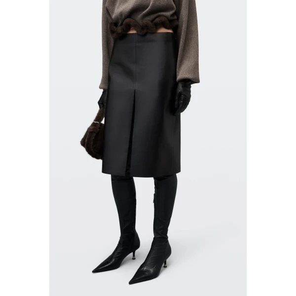 Alexander Wang Leather Midi Skirt with Slash Vent in Black | Midi Skirts | Luxury Shoes 
