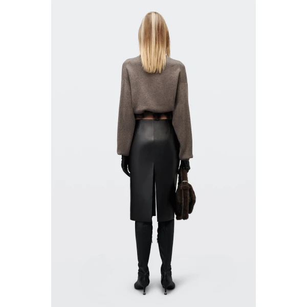 Alexander Wang Leather Midi Skirt with Slash Vent in Black | Midi Skirts | Luxury Shoes 