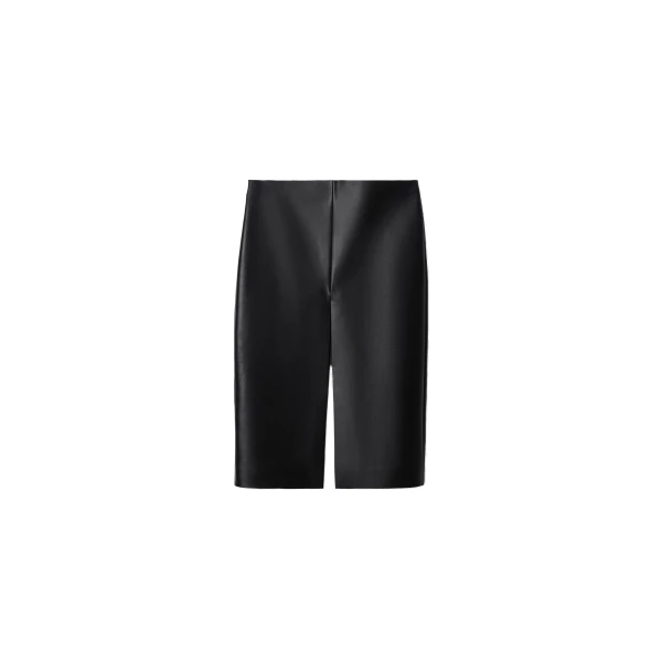 Leather Midi Skirt with Slash Vent in Black