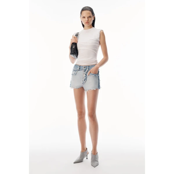 Alexander Wang Logo-Embossed Mid-Rise Inverted Denim Short in Inverted Bleach Blue | Denim Shorts | Luxury Shoes 