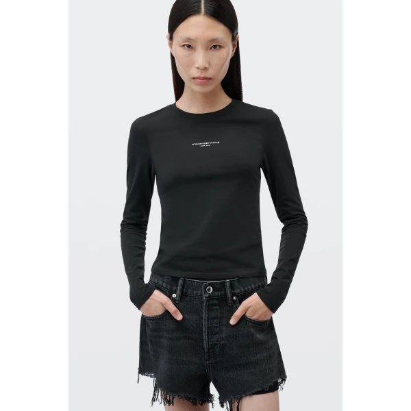 Alexander Wang Logo Print Fitted Long-Sleeve Tee in Black | T-shirts | Luxury Shoes 