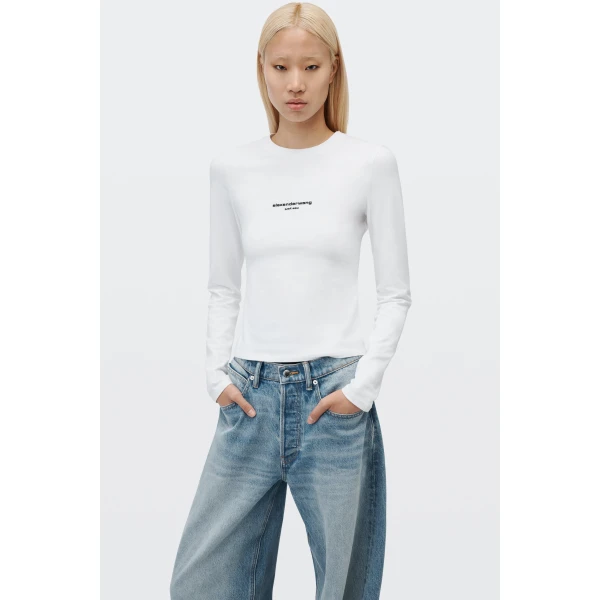 Alexander Wang Logo Print Fitted Long-Sleeve Tee in White | T-shirts | Luxury Shoes 