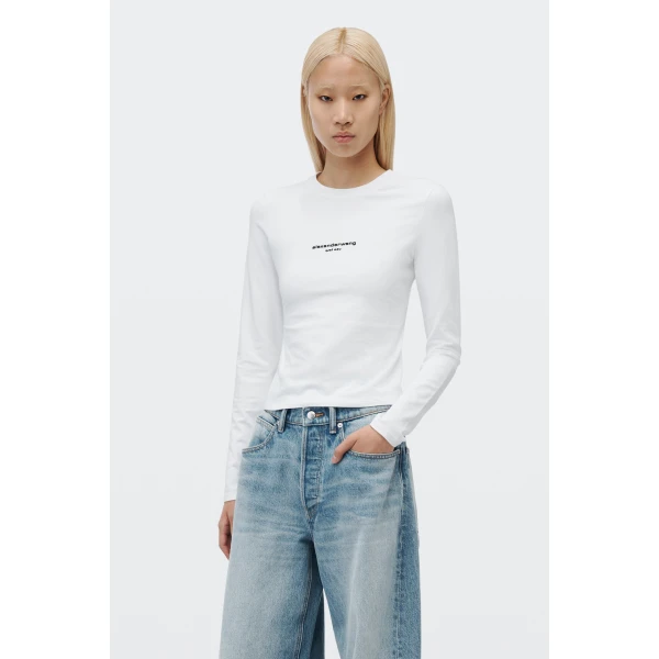 Alexander Wang Logo Print Fitted Long-Sleeve Tee in White | T-shirts | Luxury Shoes 