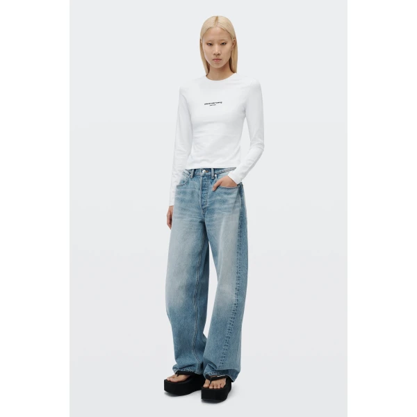 Alexander Wang Logo Print Fitted Long-Sleeve Tee in White | T-shirts | Luxury Shoes 