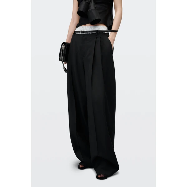 Alexander Wang Mid-Rise Layered Boxer Belted Tailored Pant in Black and White Pinstripe | Tailored pants | Luxury Shoes 